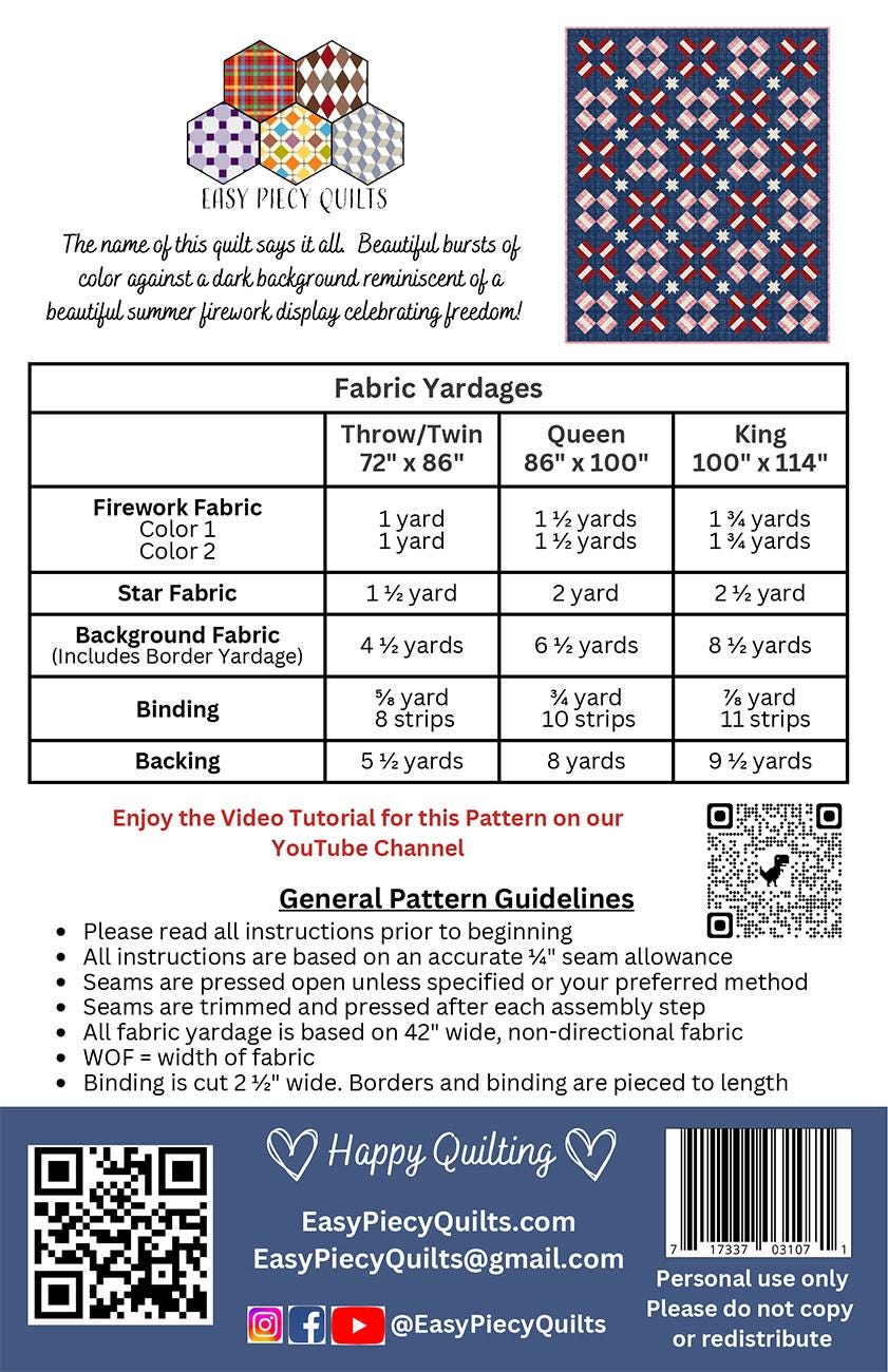 4th of July Night Sky Quilt Pattern, Easy Piecy Quilts EPQ31071, Yardage Friendly Stars Crosses Patriotic Throw Queen King Bed Quilt Pattern