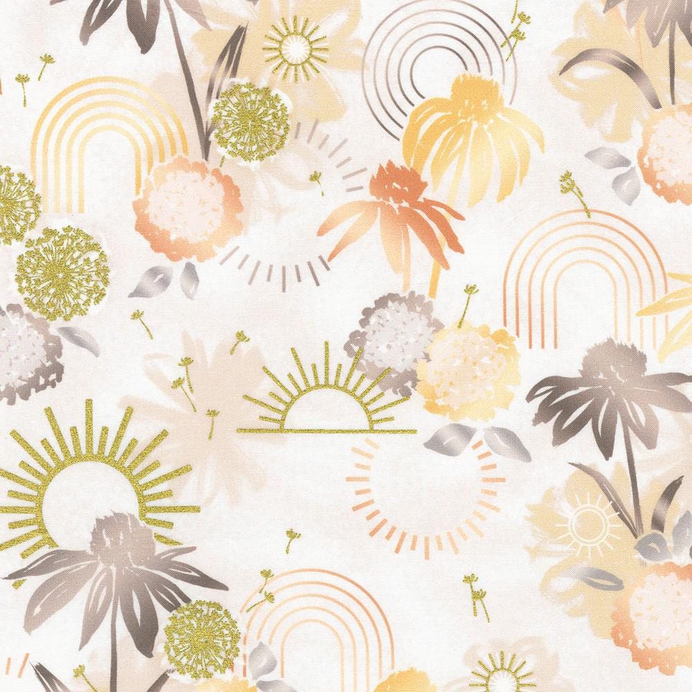 Summerstone 16 Piece Fat Quarter Bundle, Robert Kaufman FQ-2183-16, Peach White Gray Gold Metallic Floral Fabric, 18 x 22 Fabric Cuts