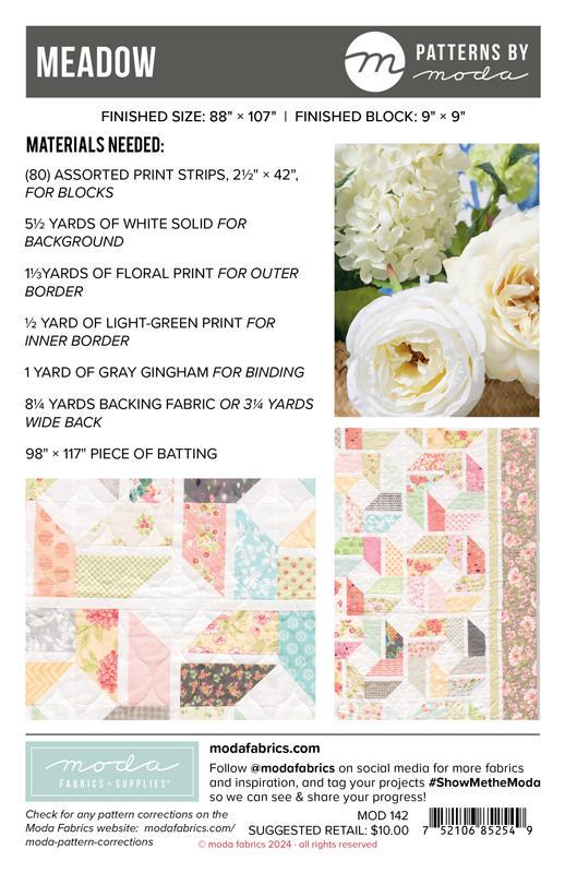 Meadow Quilt Pattern, Moda MOD142, Jelly Roll Friendly Patchwork Throw Quilt Pattern