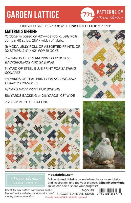 Garden Lattice Quilt Pattern, Moda MOD149, Jelly Roll Friendly Patchwork Throw Quilt Pattern