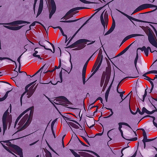 Expressions Batiks - A Nod to Mod Splash of Grenadine Purple Floral Batik Fabric, Riley Blake BT23060-183, Lavender Coral Batik, By the Yard