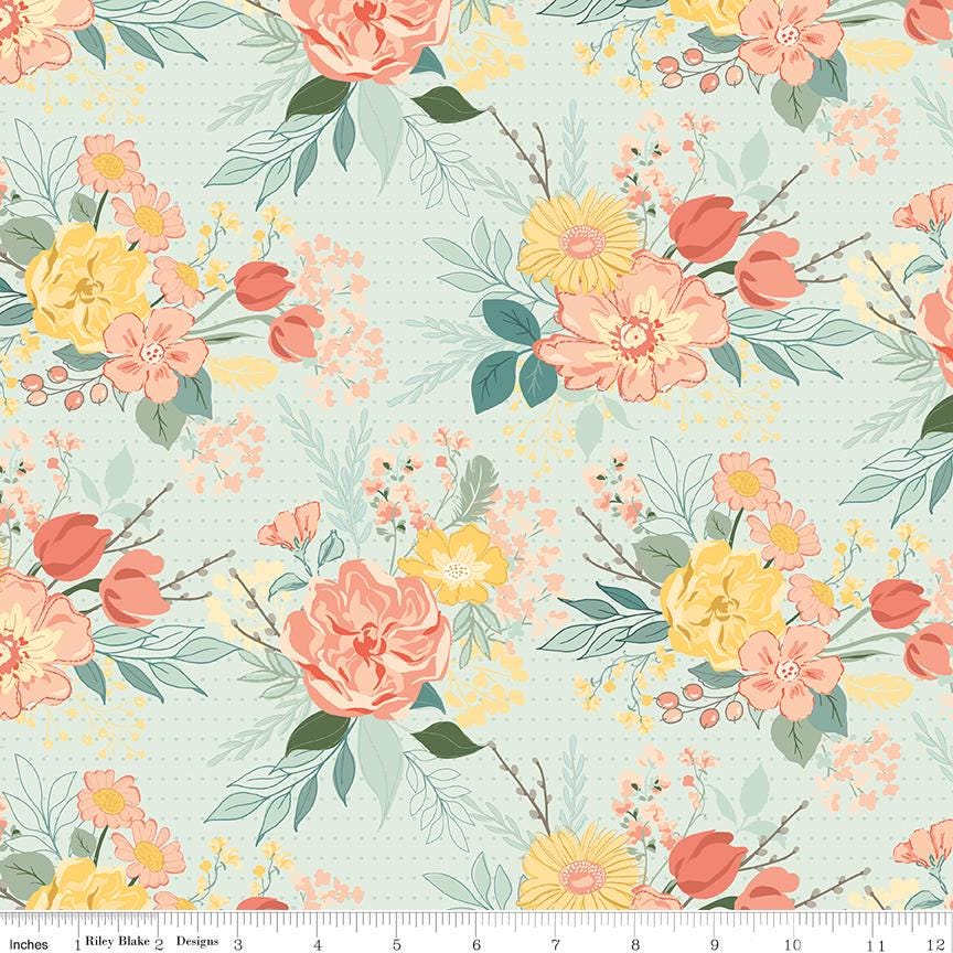 New Beginnings 5" Stacker, Riley Blake 5-15750-42, 5" Precut Pink Teal Yellow Coral Floral Fabric Squares, Sandy Gervais