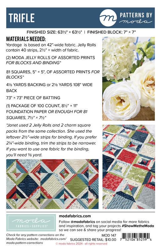 Trifle Quilt Pattern, Moda MOD136, Jelly Roll Charm Squares Friendly Square Patchwork Throw Quilt Pattern