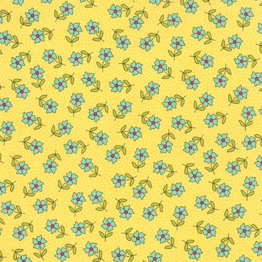 REMNANT 35" of The Sweet Life - Turquoise Blue Flowers on Yellow Fabric, Moda 43053 13 Sunshine, Yellow Blue Floral Fabric, Pat Sloan