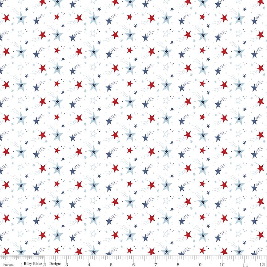 Stars and Stripes Forever - Patriotic Shooting Stars on White Fabric, Riley Blake C15712-WHITE, Patriotic Star Cotton Fabric, By the Yard