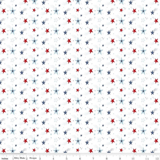 Stars and Stripes Forever - Patriotic Shooting Stars on White Fabric, Riley Blake C15712-WHITE, Patriotic Star Cotton Fabric, By the Yard
