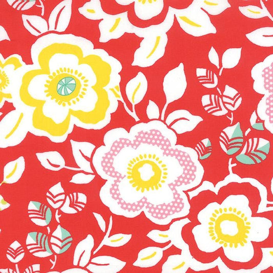 REMNANT Moxi - 1 Yard 31" of Red Floral Fabric, Moda 32960 12, Yellow Pink White Green Red Aqua Blue Floral Fabric, Studio M