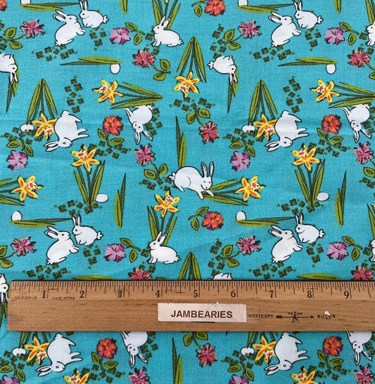 REMNANT 1 Yard 33" of Easter Bunnies on Blue Floral Fabric, Connecting Threads, Turquoise Floral Bunny Fabric