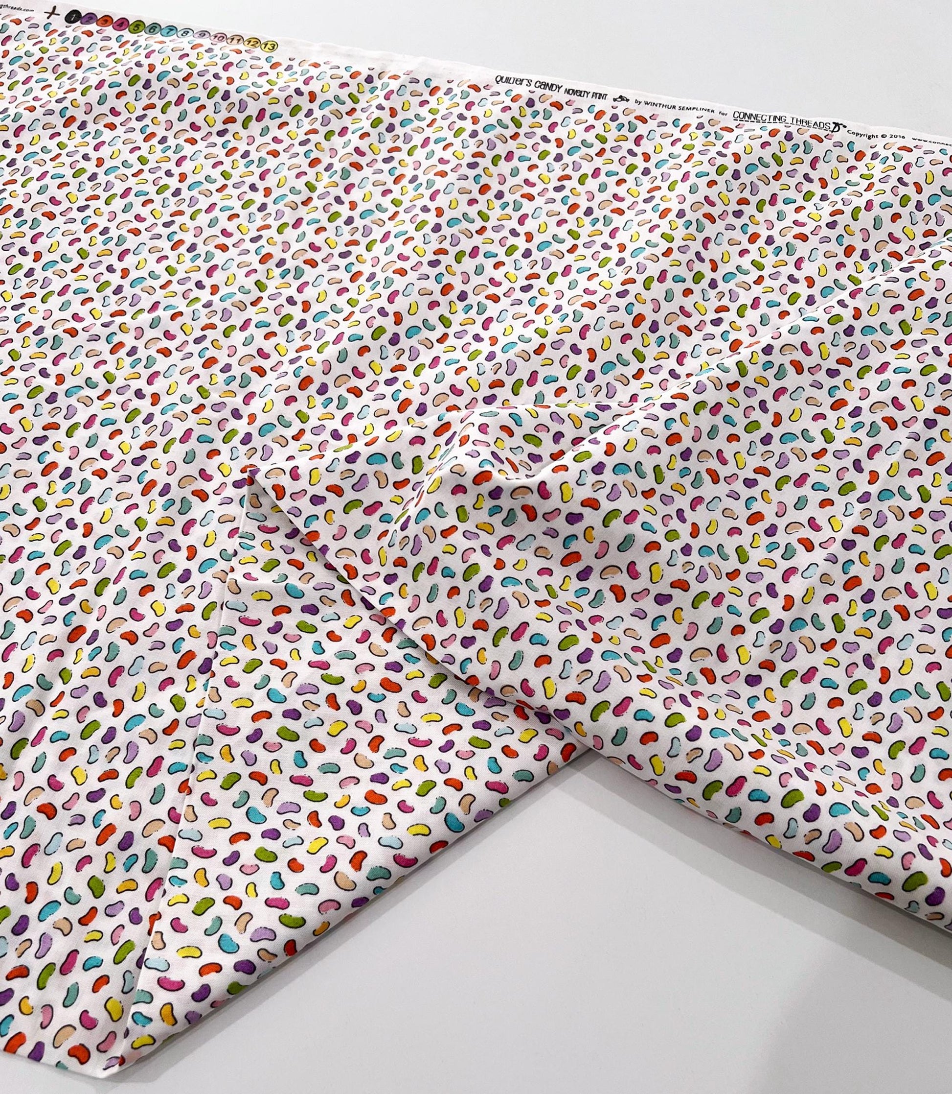REMNANT 1 Yard 8" of Jelly Beans on White Fabric, Connecting Threads 3567636 JS, Multicolored Jelly Bean Cotton Fabric
