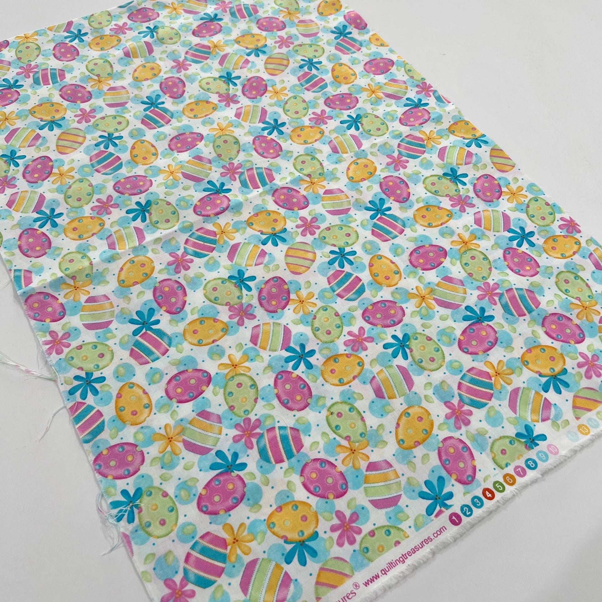 REMNANT 15" of Pastel Easter Eggs on White Fabric, Quilting Treasures, Pink Yellow Green Blue Easter Egg Cotton Fabric