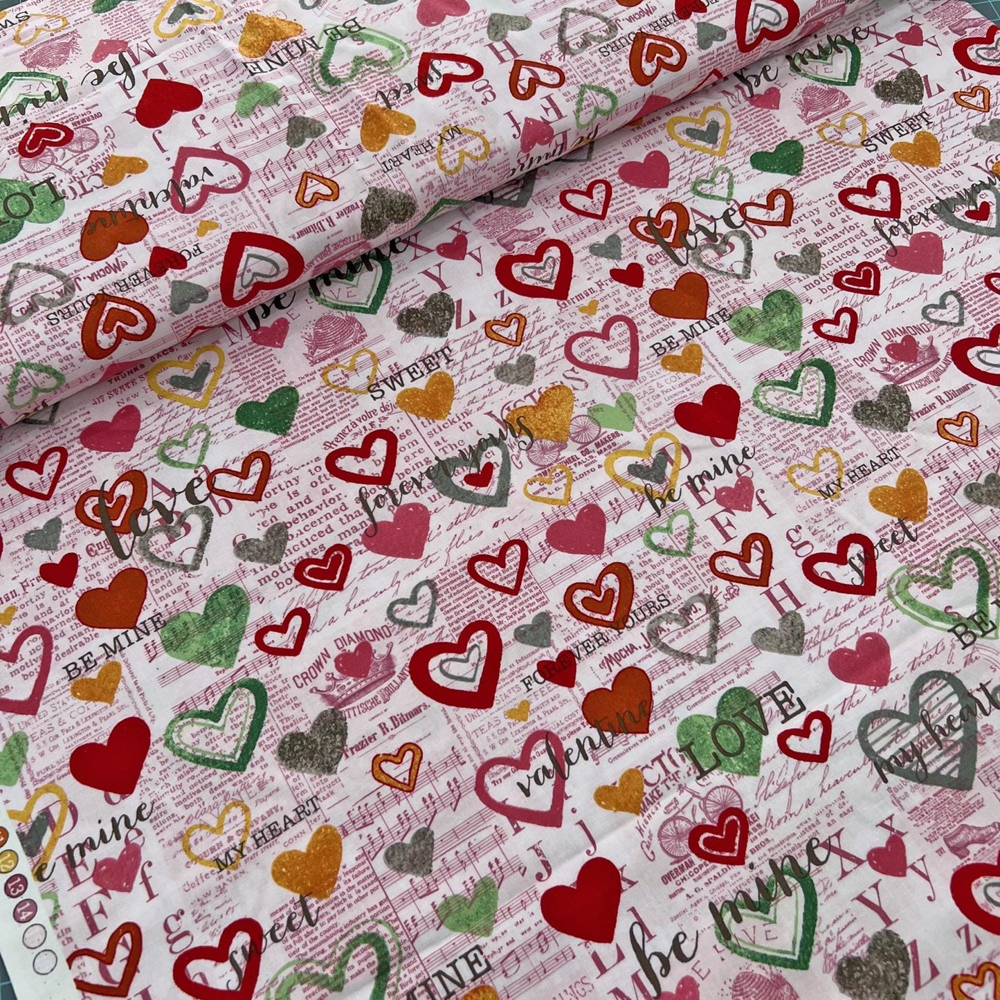 DESTASH Vintage Valentine - Red Green Yellow Gray Hearts on Pink Fabric, Clothworks, Valentine's Day Cotton Fabric