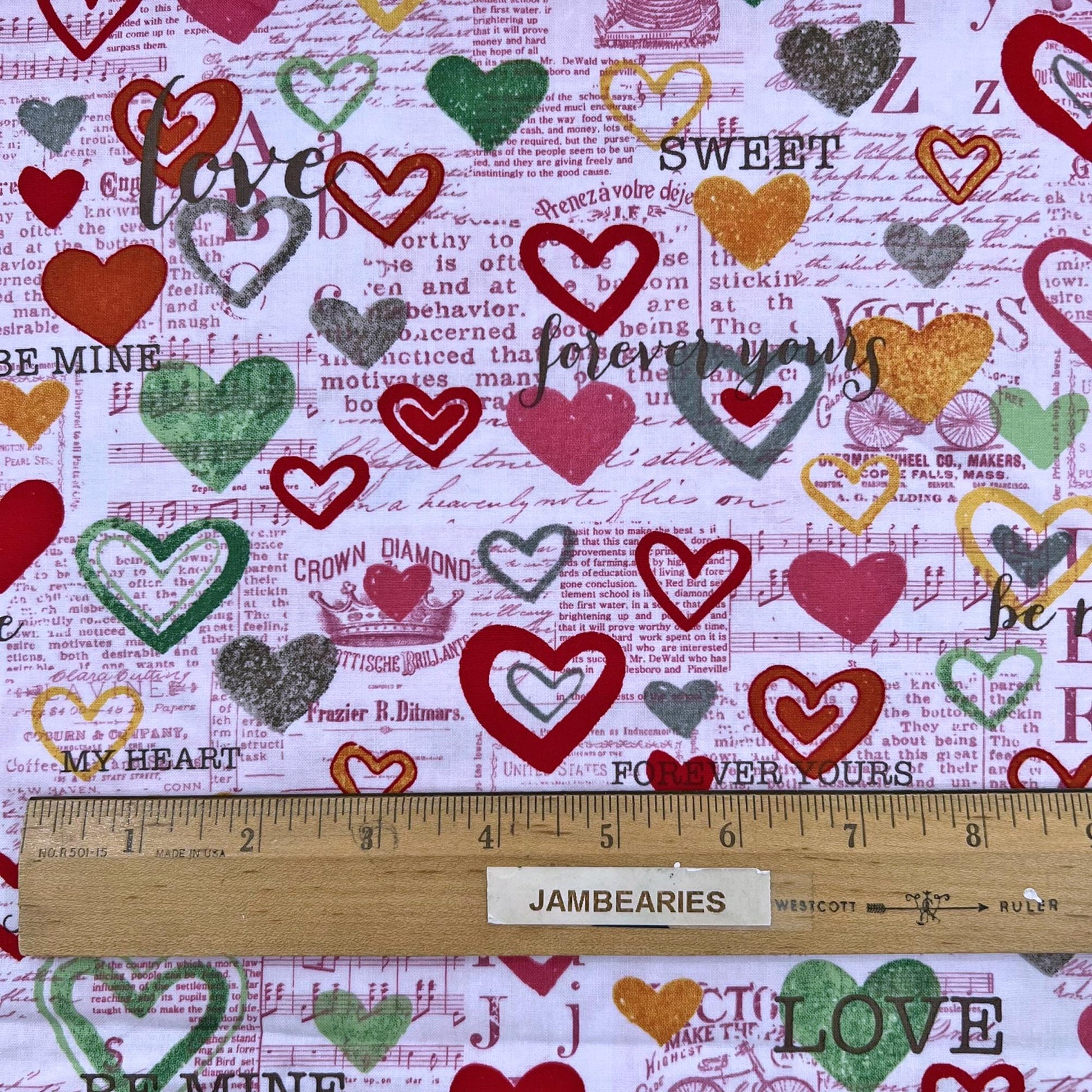 DESTASH Vintage Valentine - Red Green Yellow Gray Hearts on Pink Fabric, Clothworks, Valentine's Day Cotton Fabric