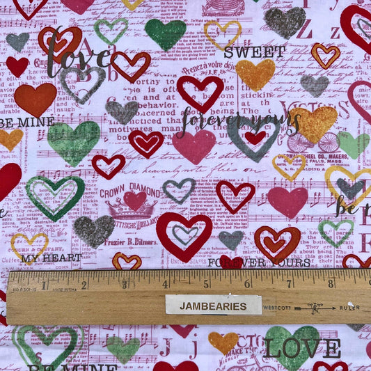 DESTASH Vintage Valentine - Red Green Yellow Gray Hearts on Pink Fabric, Clothworks, Valentine's Day Cotton Fabric