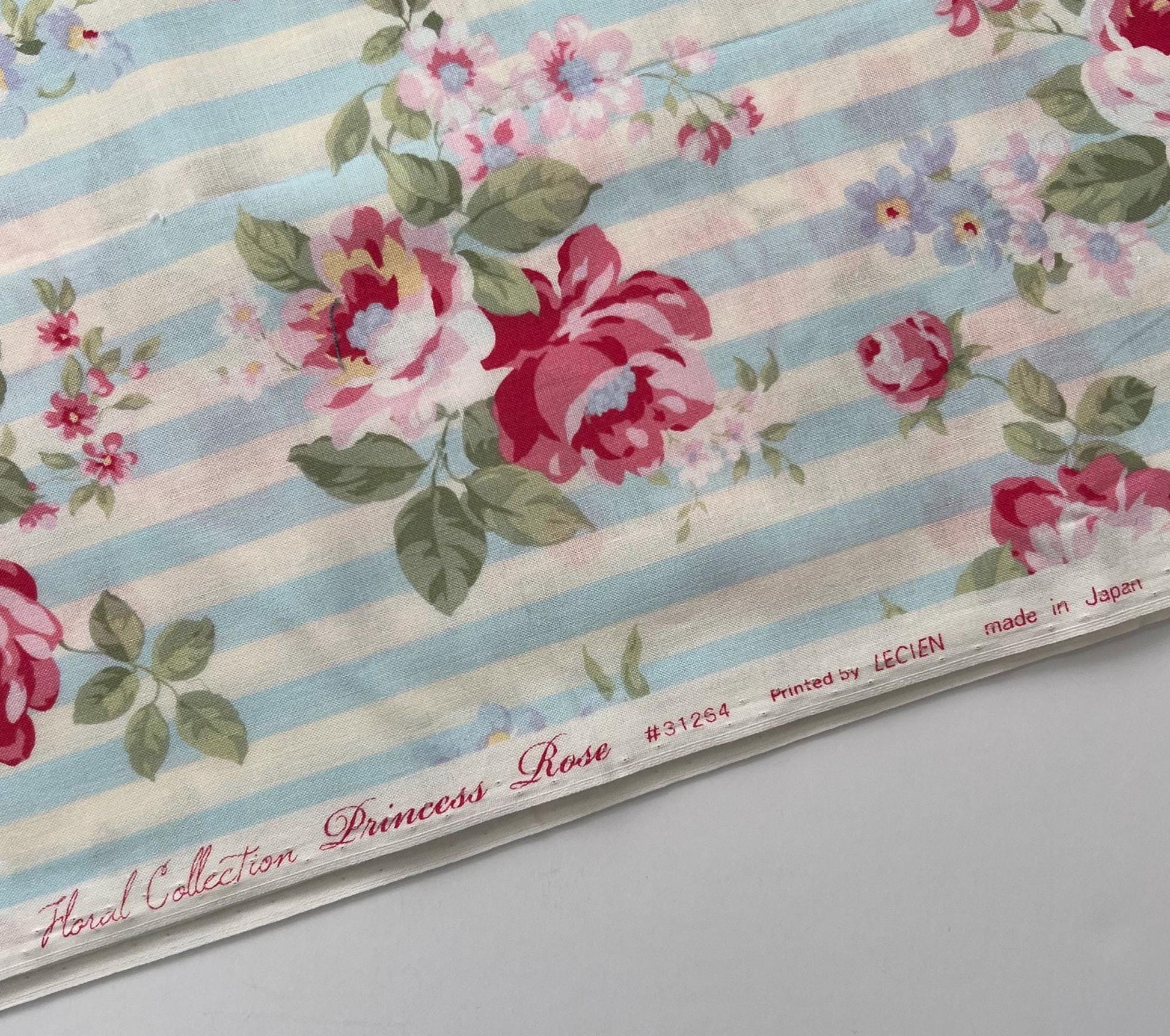 REMNANT Princess Rose - 1 Yard 25" of Pink Roses on Blue White Striped Floral Fabric, Lecien 31264, Granny Chic Cottagecore Fabric
