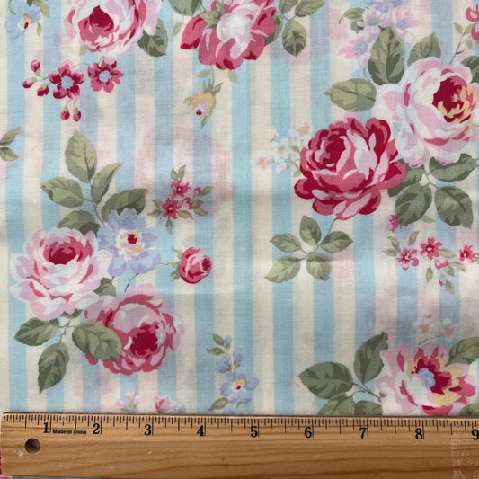 REMNANT Princess Rose - 1 Yard 25" of Pink Roses on Blue White Striped Floral Fabric, Lecien 31264, Granny Chic Cottagecore Fabric