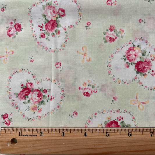 DESTASH Princess Rose - 1 Yard Cut of Floral Hearts on Pastel Green Fabric, Lecien 31266, Granny Chic Cottagecore Fabric