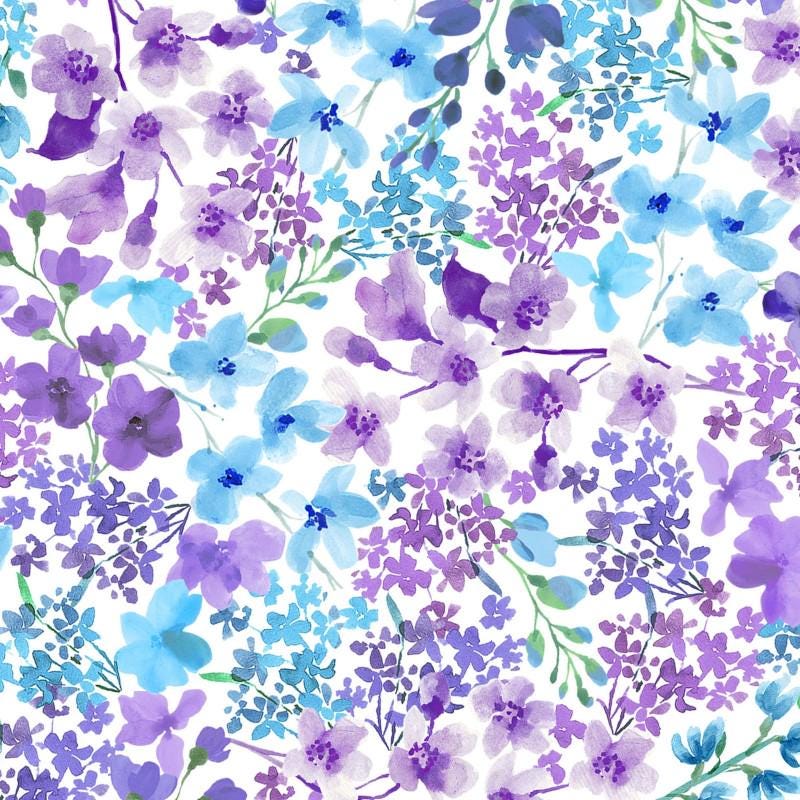 Bloom Bright - Blue Purple Flowers on White Fabric, Maywood Studio MASD671-BV, Blue Violet Floral Fabric, By the Yard