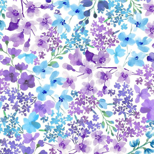 Bloom Bright - Blue Purple Flowers on White Fabric, Maywood Studio MASD671-BV, Blue Violet Floral Fabric, By the Yard