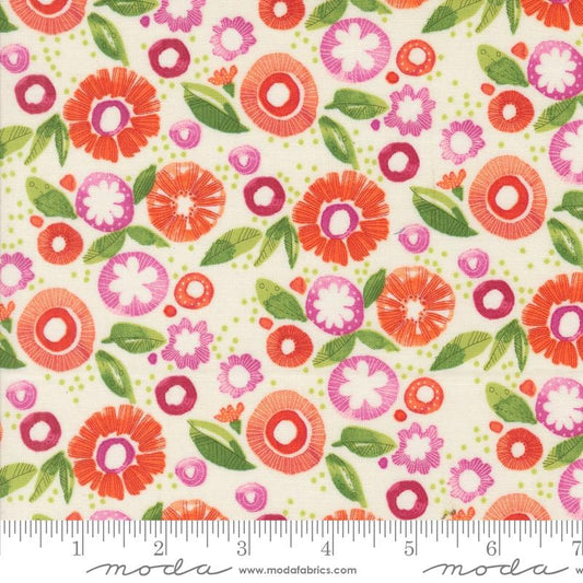 Superbloom - Pink Orange Flowers on Cream Fabric, Moda 48786 11 Cream, Pink Green White Floral Fabric, Robin Pickens, By the Yard