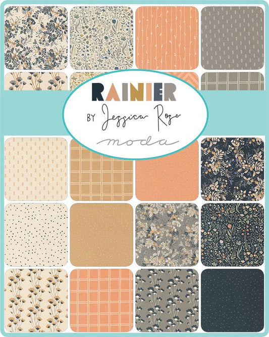 Rainier 5" Charm Pack, Moda 38140PP, 5" Precut Peach Blue Tan Cream Gray Floral Charm Pack Fabric Squares, Jessica Rose