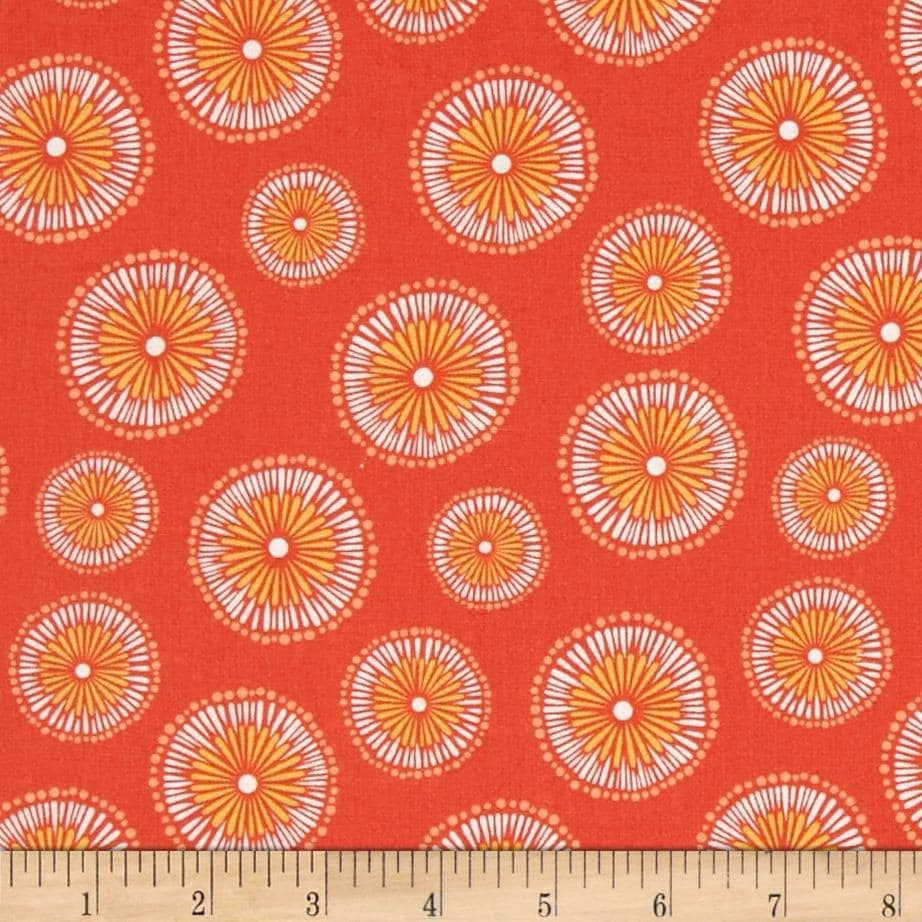REMNANT 33" of Dori - Yellow White Flowers on Orange Fabric, Benartex 1240, Mitzi Powers