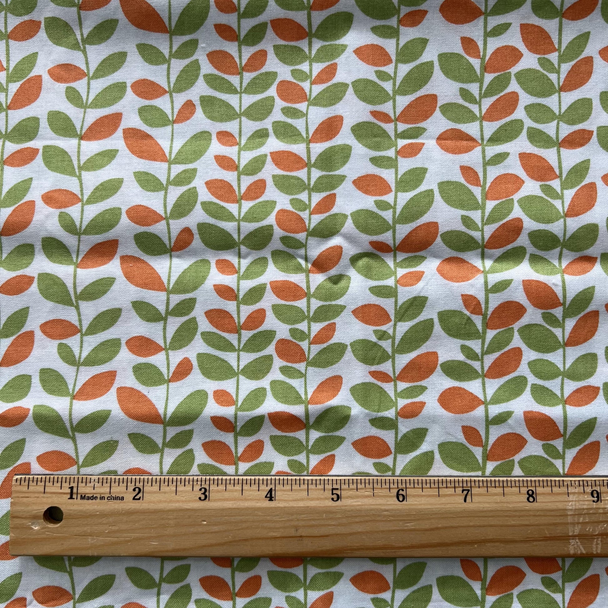 REMNANT 1 Yard 20" of Dori - Orange Green Leafy Vines on White Fabric, Benartex 1238, Mitzi Powers