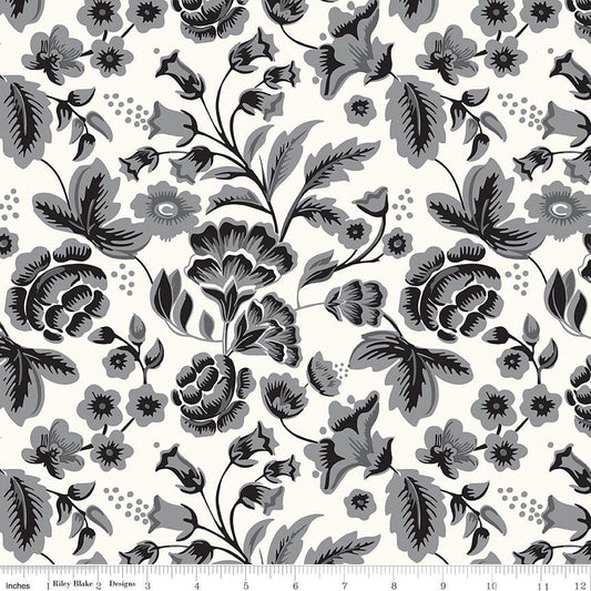 108" Midnight Meadow - Black Gray Flowers on Cream Wide Quilt Back Fabric, Riley Blake WB15328-Cream, My Mind's Eye, By the Yard