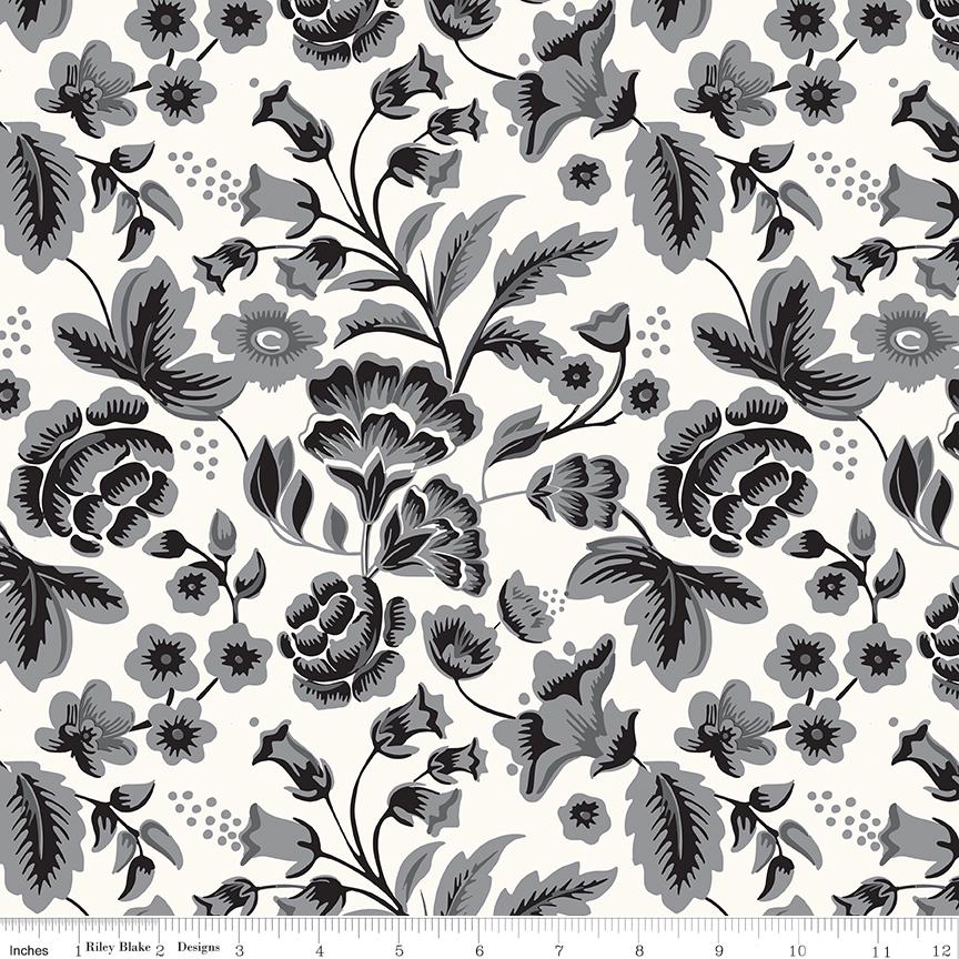 REMNANT 2 Yards 7" of 108" Midnight Meadow - Black Gray Flowers on Cream Wide Quilt Back Fabric, Riley Blake WB15328-Cream, My Mind's Eye