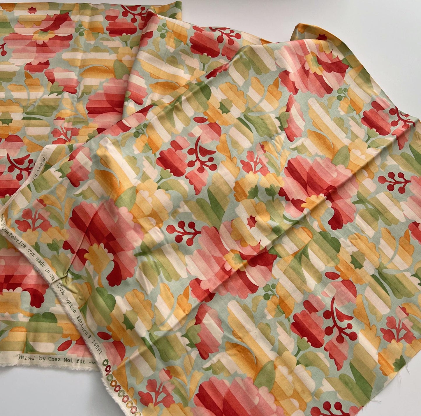 REMNANT 1 Yard 19" of Mimi - Coral Yellow Blue Green Floral Fabric, Moda 16091 Coral, Multicolored Floral Stripe Cotton Fabric, Chez Moi
