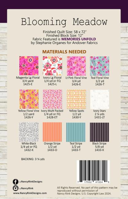 Blooming Meadow Quilt Pattern, Nancy Rink Designs NRD407, Yardage Friendly Flowers Lap Throw Quilt Pattern