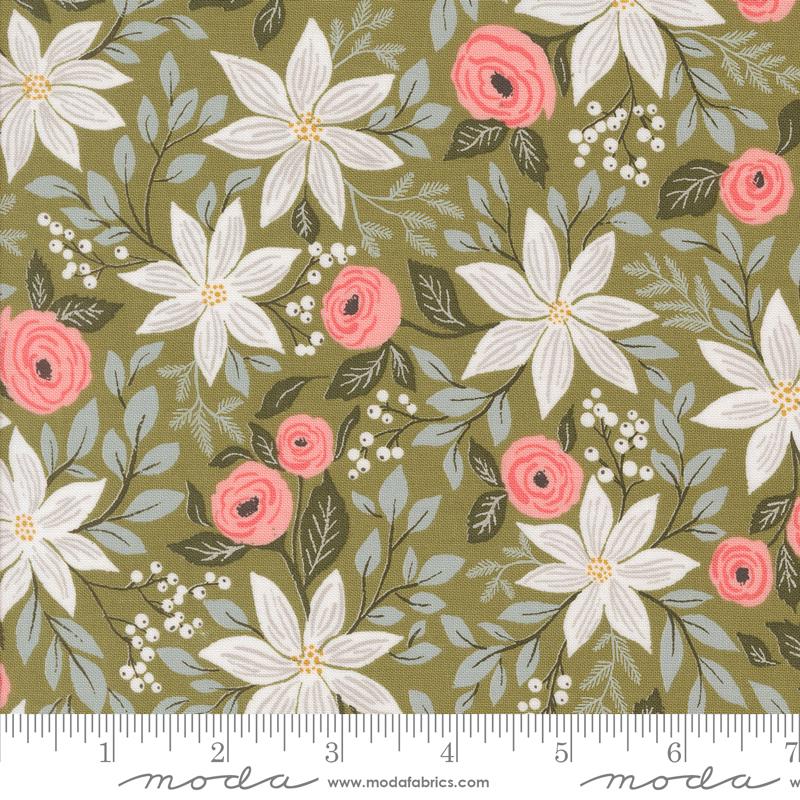 Berry and Pine 32 Piece Fat Eighths Bundle, Moda 5240F8, Red Green Gray Floral Christmas F8 Fat Eights, 9 x 22 Fabric Cuts, Lella Boutique