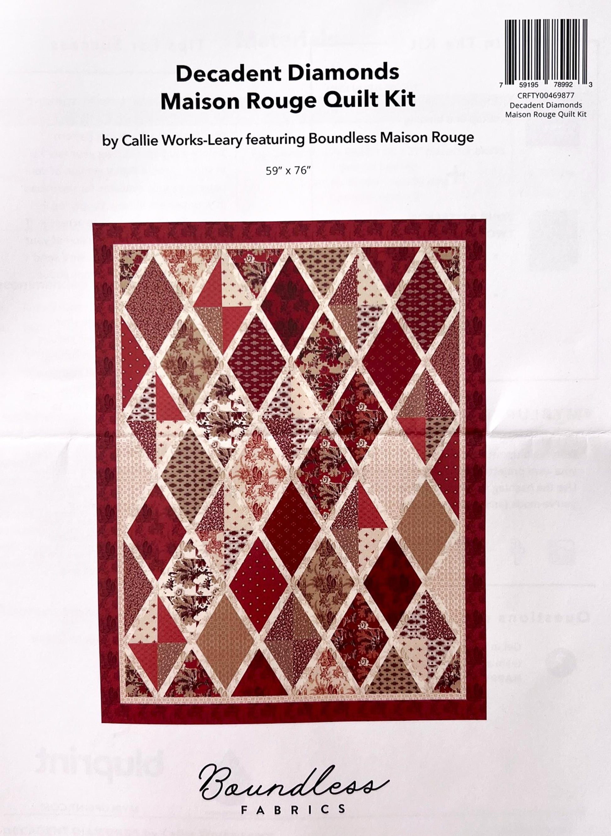DESTASH Decadent Diamonds Maison Rouge Complete Quilt Kit, Craftsy Boundless Fabrics, Red Tan Floral Quilt Kit