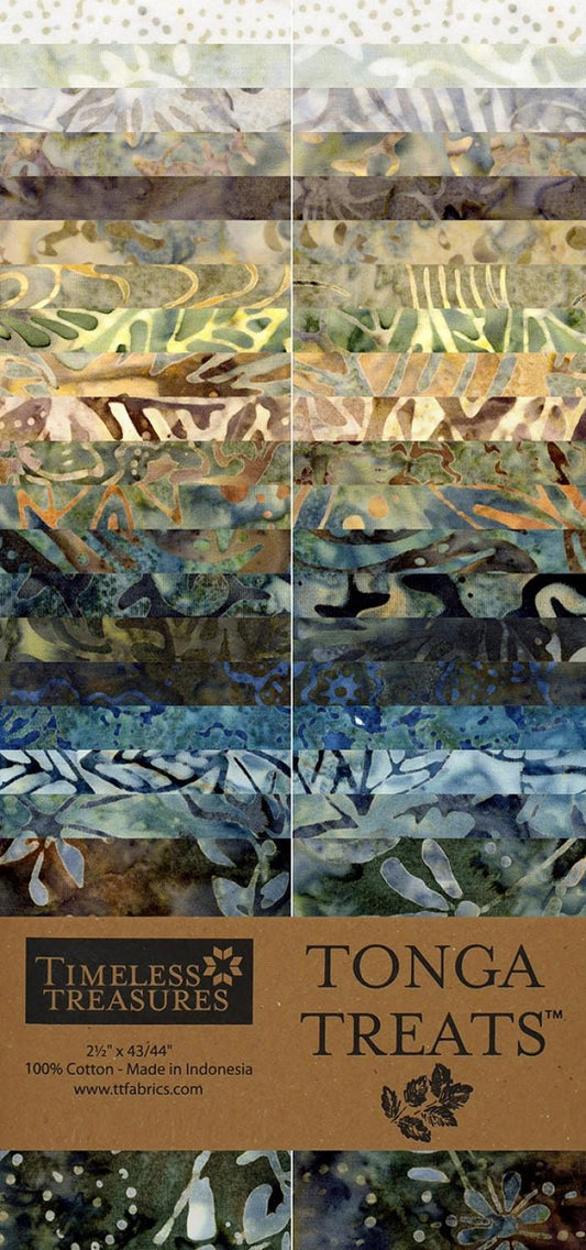 Tonga Stormy Sea 2.5" Strips, Timeless Treasures Treat-Strip40 Stormy, 2.5" Precut Teal Gray Batik Fabric Strips