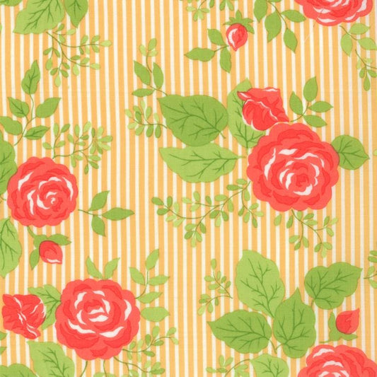 DESTASH 2 Yard Cut of Happy Go Lucky - Orange Yellow Striped Floral Fabric, Moda 55060-16, Red Roses on Striped Fabric, Roskelley