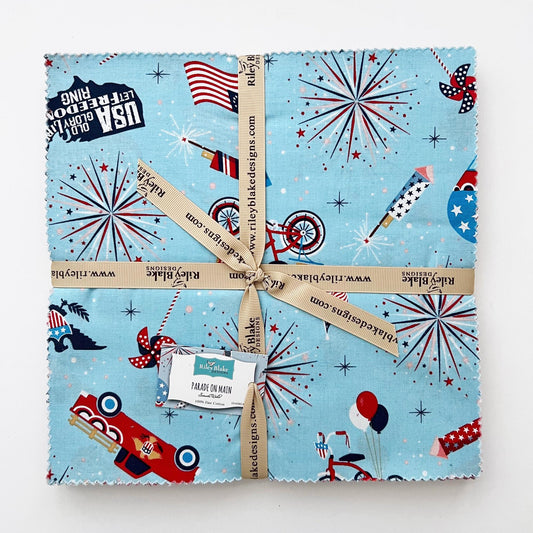 DESTASH Parade on Main 10" Stacker, Riley Blake Designs 10-6080-42, 10" Precut RWB Patriotic Layer Cake Fabric Squares, Samantha Walker