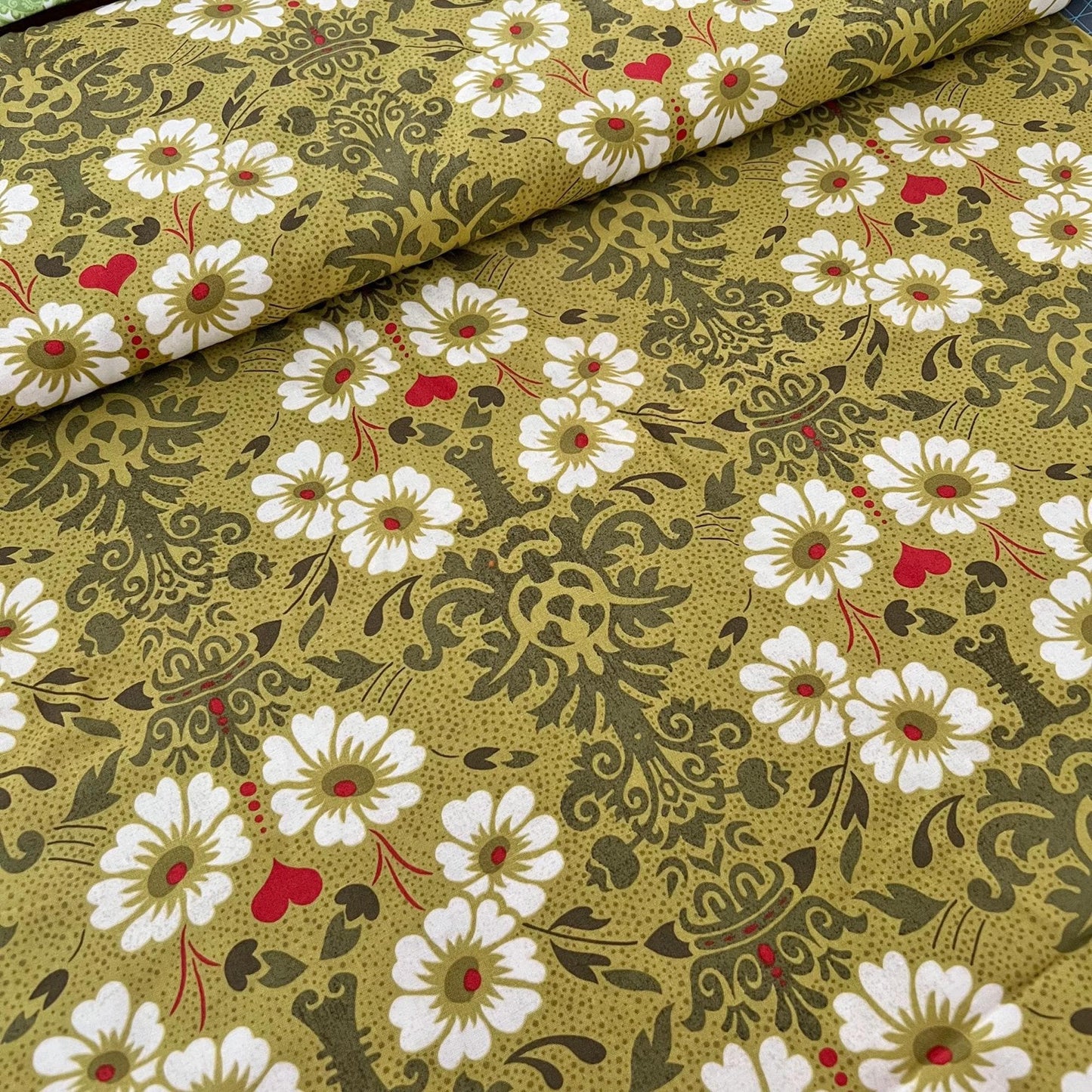 DESTASH Hello Luscious - White Flowers on Green Damask Fabric, Moda 30281-17, BasicGrey Retired Quilt Fabric, By the Yard
