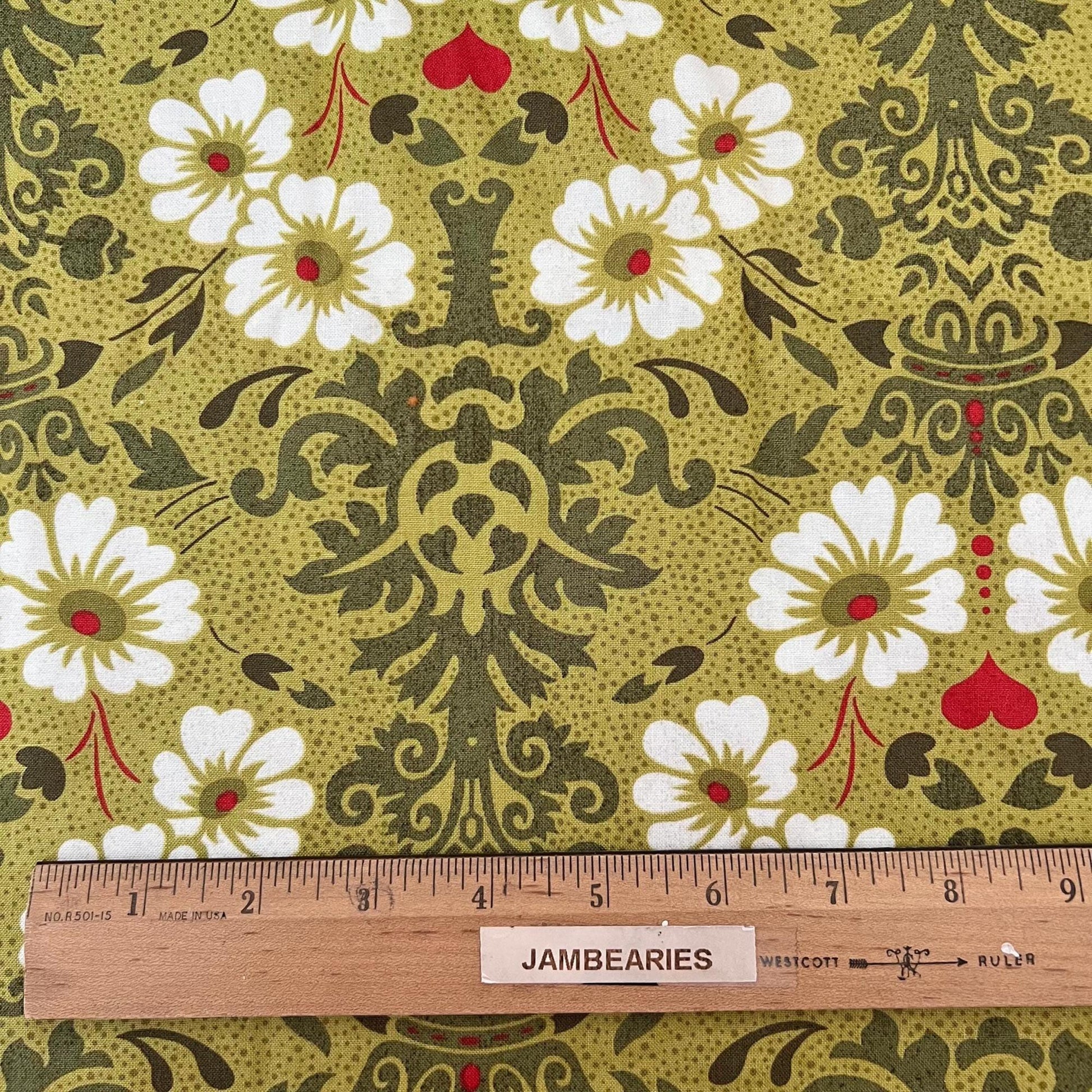 DESTASH Hello Luscious - White Flowers on Green Damask Fabric, Moda 30281-17, BasicGrey Retired Quilt Fabric, By the Yard