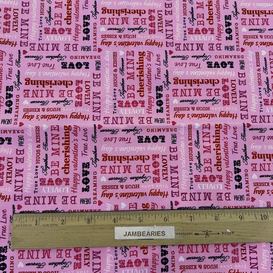 REMNANT 18" of Valentine Words of Love on Pink Fabric, Brother Sister Fabrics BS64-22RC-P12, Pink Red Black White Valentine's Day Fabric