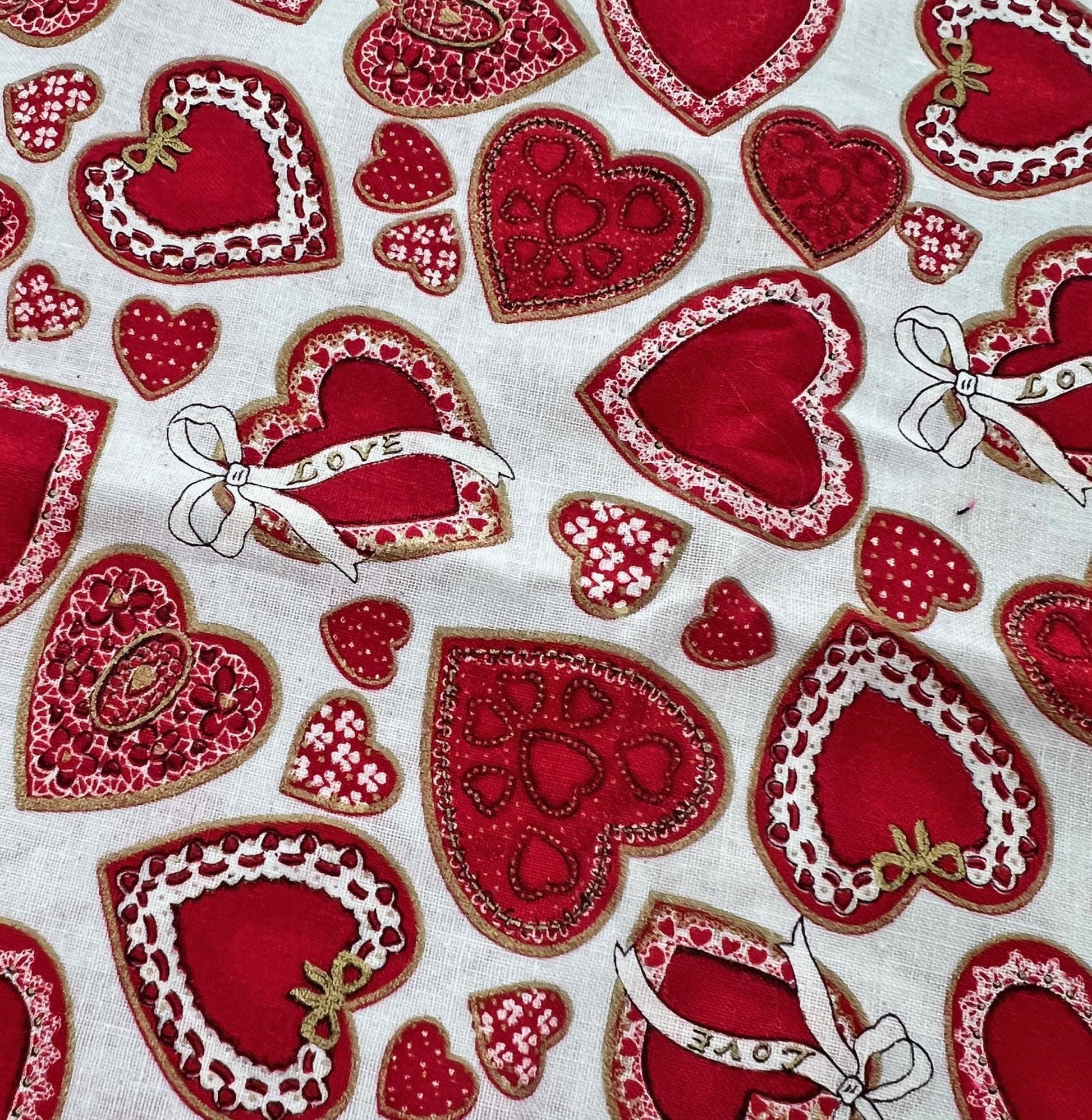 DESTASH 1 Yard Cut of Red Gold Metallic Hearts on White Fabric, Timeless Treasures HEART-CM1185, Valentine's Day Cotton Quilt Fabric