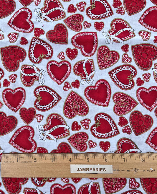 DESTASH 1 Yard Cut of Red Gold Metallic Hearts on White Fabric, Timeless Treasures HEART-CM1185, Valentine's Day Cotton Quilt Fabric