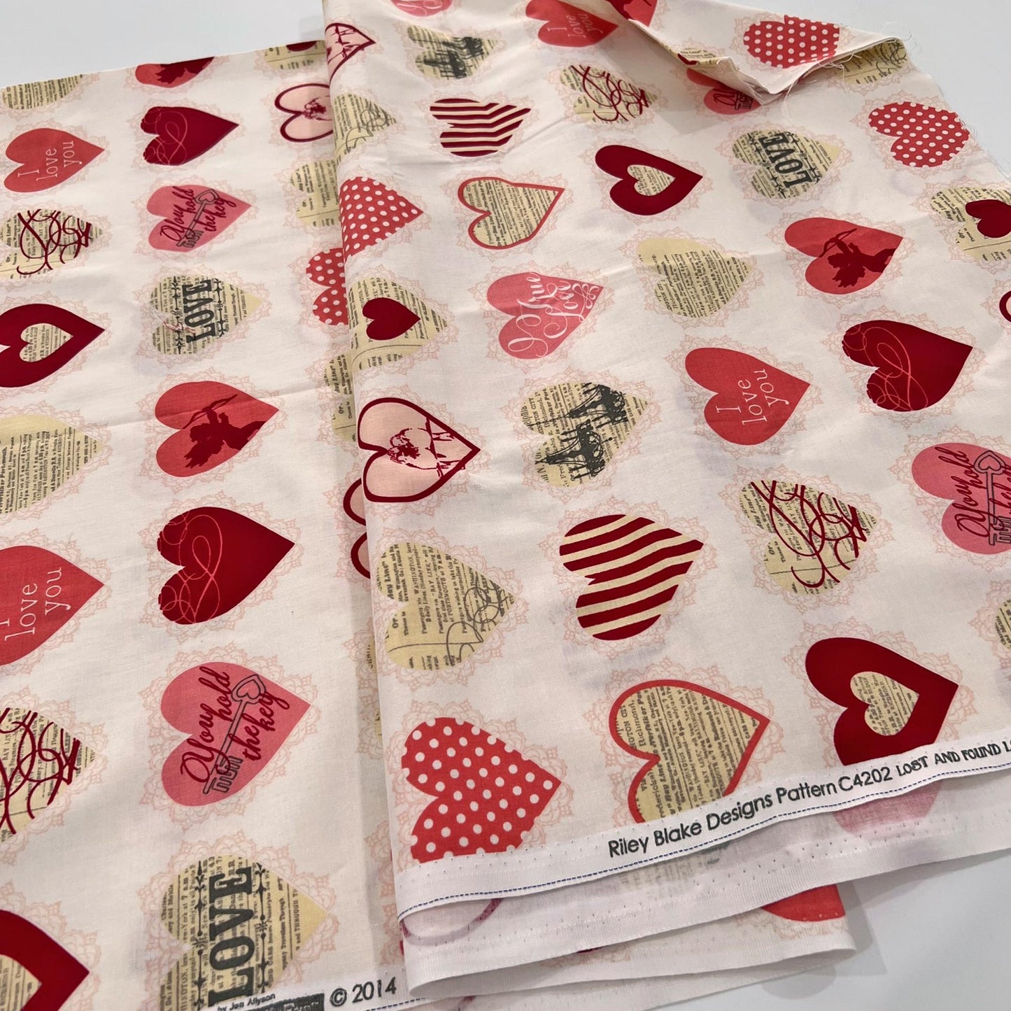 DESTASH 1 Yard Cut of Lost and Found Love - Red Pink Hearts on Cream Fabric, Riley Blake C4202, Valentine's Day Cotton Fabric, My Mind's Eye