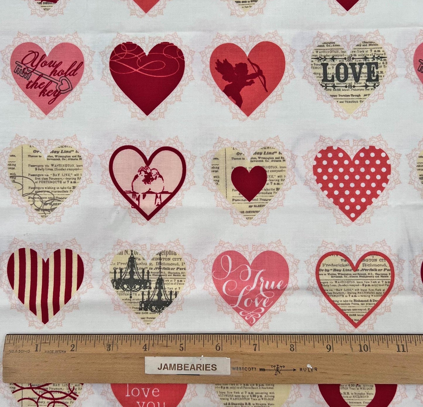DESTASH 1 Yard Cut of Lost and Found Love - Red Pink Hearts on Cream Fabric, Riley Blake C4202, Valentine's Day Cotton Fabric, My Mind's Eye