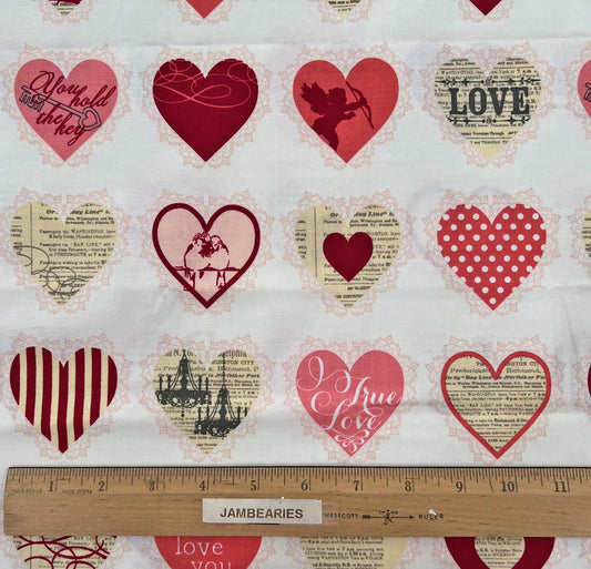 DESTASH 1 Yard Cut of Lost and Found Love - Red Pink Hearts on Cream Fabric, Riley Blake C4202, Valentine's Day Cotton Fabric, My Mind's Eye