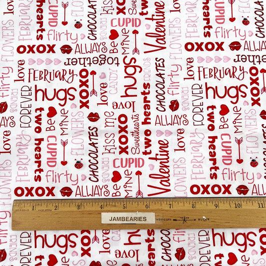 DESTASH 1 Yard Cut of Love Struck - Valentine's Day Words on White Fabric, Henry Glass, Valentine Cotton Fabric
