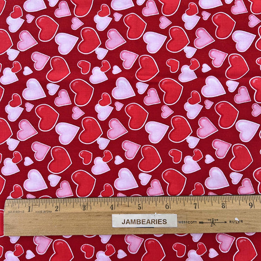 REMNANT 18" of Love Struck - Valentine's Day Pink Red Hearts on Red Fabric, Henry Glass, Valentine Cotton Fabric