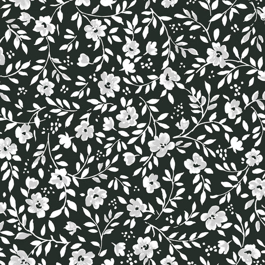 Garden Picnic - Black White Black Floral Fabric, Maywood Studio MAS10773-J, By the Yard