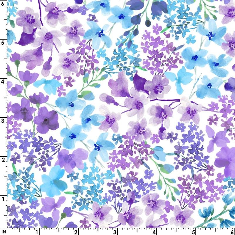 Bloom Bright - Blue Purple Flowers on White Fabric, Maywood Studio MASD671-BV, Blue Violet Floral Fabric, By the Yard