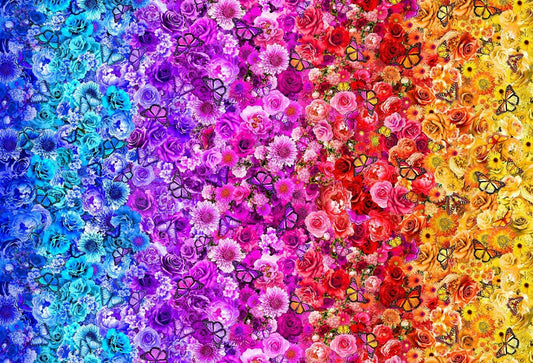 Butterfly Garden - Jewel Tones Floral Ombre Fabric, Timeless Treasures FLEUR-CD3630 Multi, Large Print Multicolored Floral Cotton Fabric