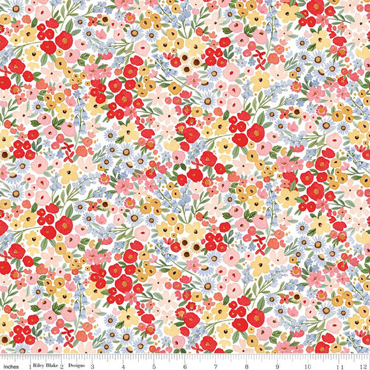 Floral Charms - Happy Ditsy Floral on White Fabric, Riley Blake C15762-White, Multicolored Packed Floral Cotton Fabric, Kelsey Carlson