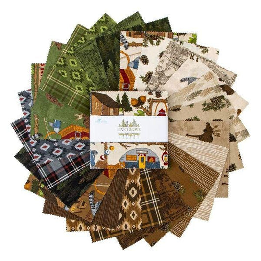 Pine Grove 5" Stacker, Riley Blake Designs 5-15930-42, 5" Precut Camping Wildlife Themed Fabric Squares, Bear Moose Camp Fabric